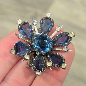 Vintage Blue Rhinestone Flower Brooch Silver Tone Starburst Mid Century Jewelry